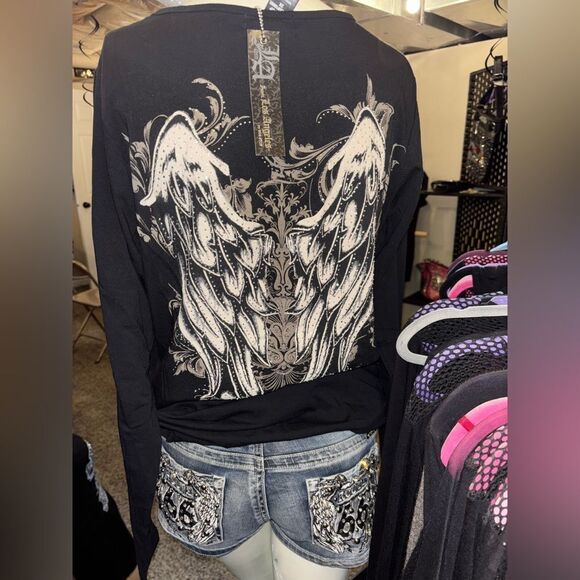 Platinum Plush Angel Wings Rhinestone Eyelet Long Sleeve Top - Picture 1 of 2